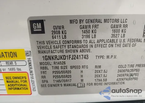 2015 Chevrolet Traverse Ltz z USA, uszkodzony, nr VIN 1GNKRJKD1FJ241743